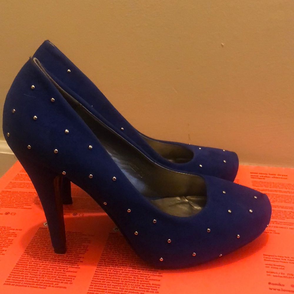 Royal blue suede heels with silver stud detail